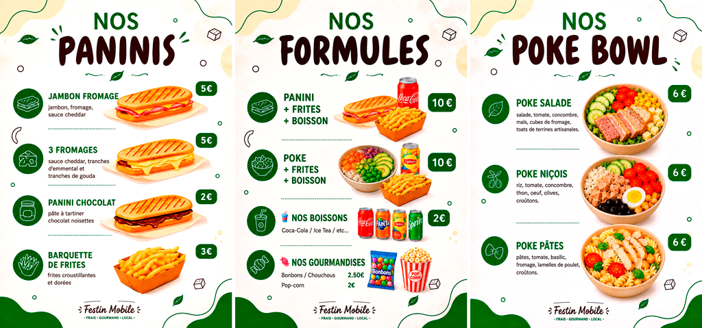 Menu et fomules repas Festin Mobile